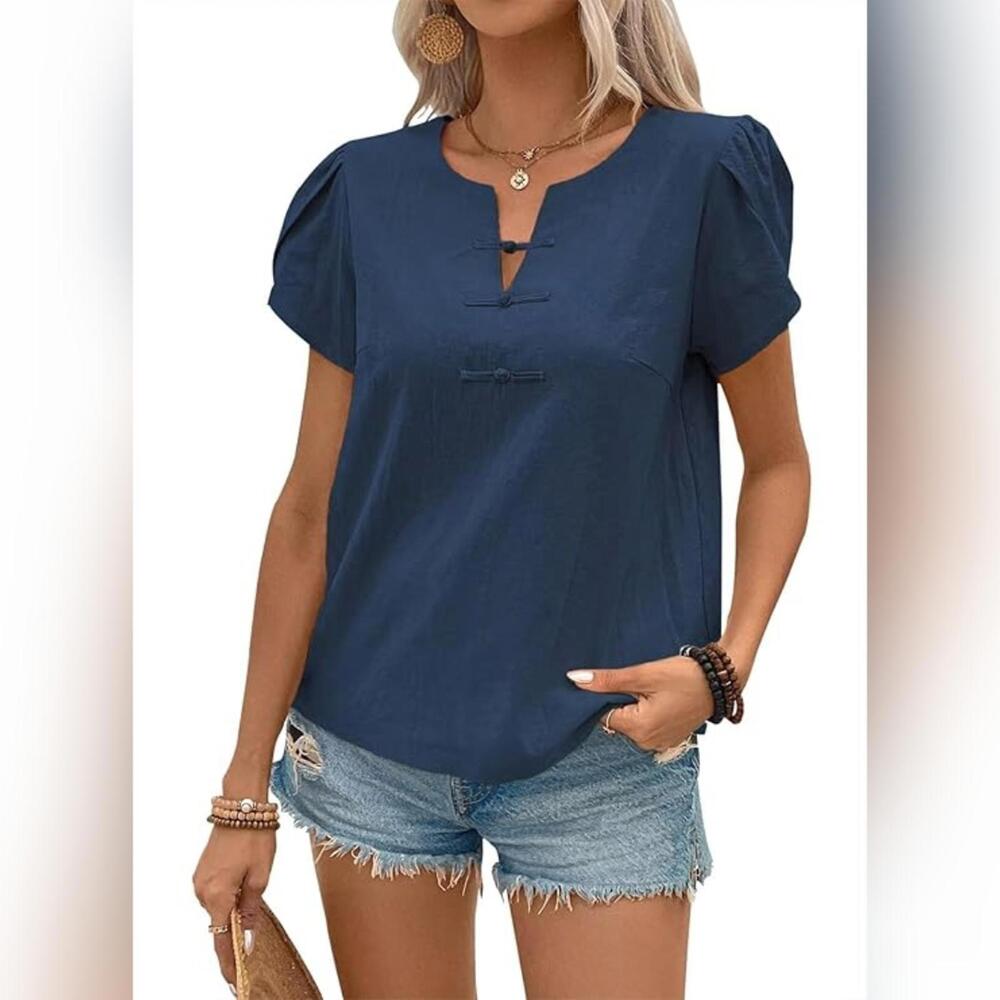 NWT Falechay Petal Short Sleeve V Neck Fitted Casual Blouse Shirt, Blue, Large